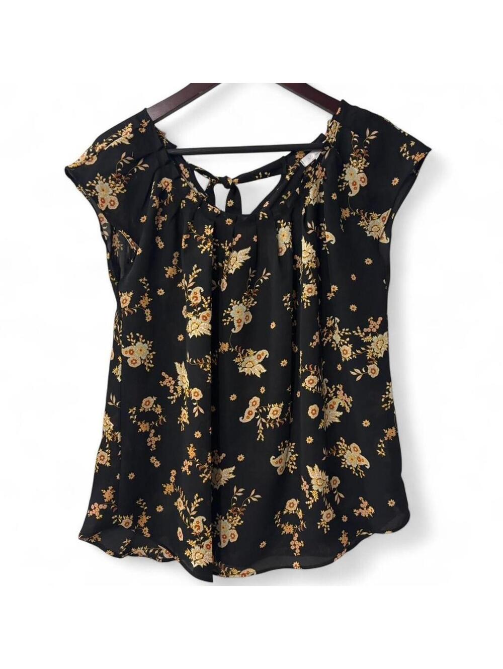 LC Lauren Conrad Floral Blouse Women's Medium Black Tie Neck Top